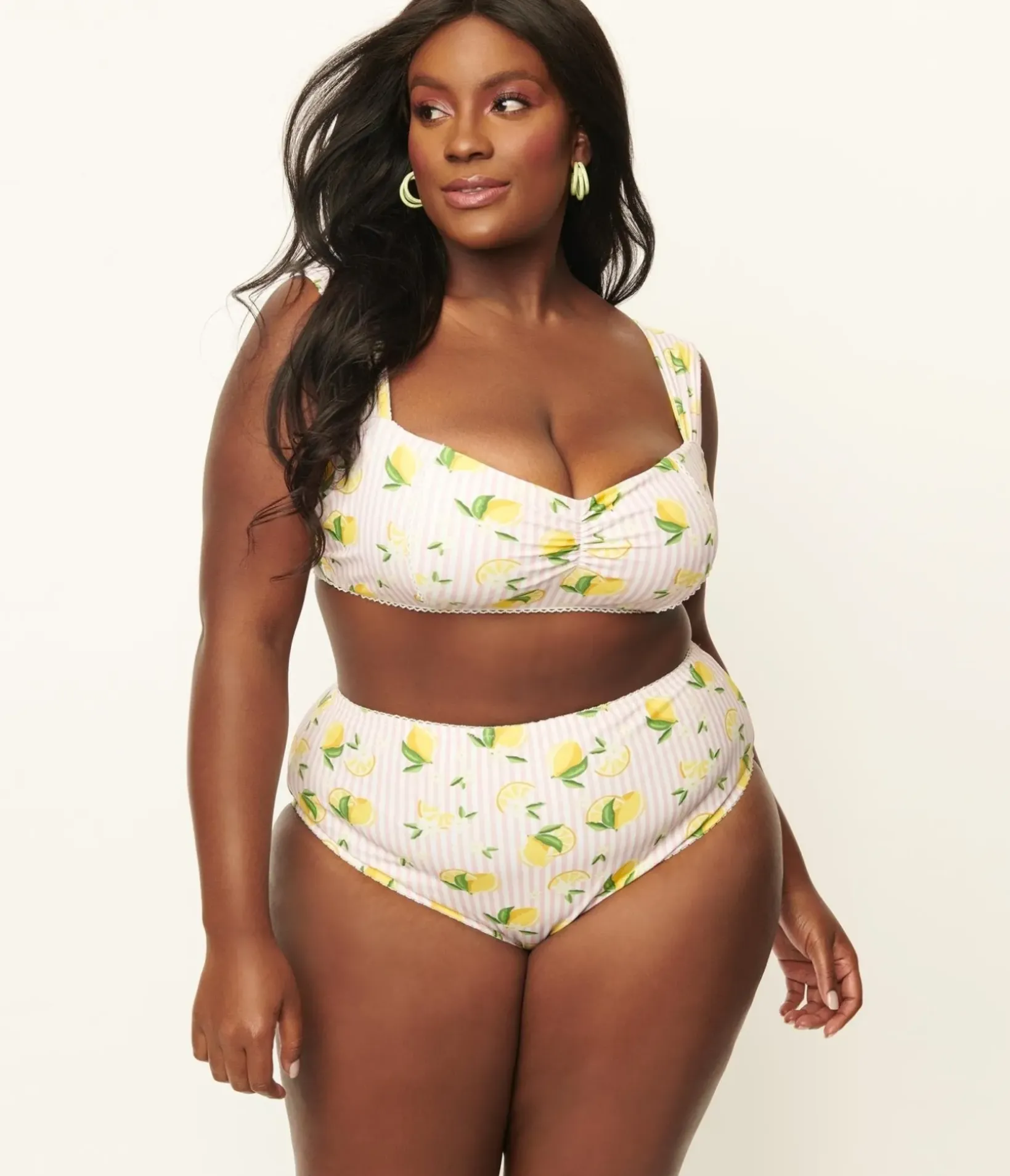 Unique Vintage Two Piece Swim|Swim Tops>Plus Size Light Pink Stripes & Lemons Ruched & Ready Swim Top