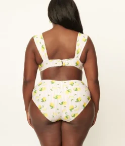 Unique Vintage Two Piece Swim|Swim Tops>Plus Size Light Pink Stripes & Lemons Ruched & Ready Swim Top