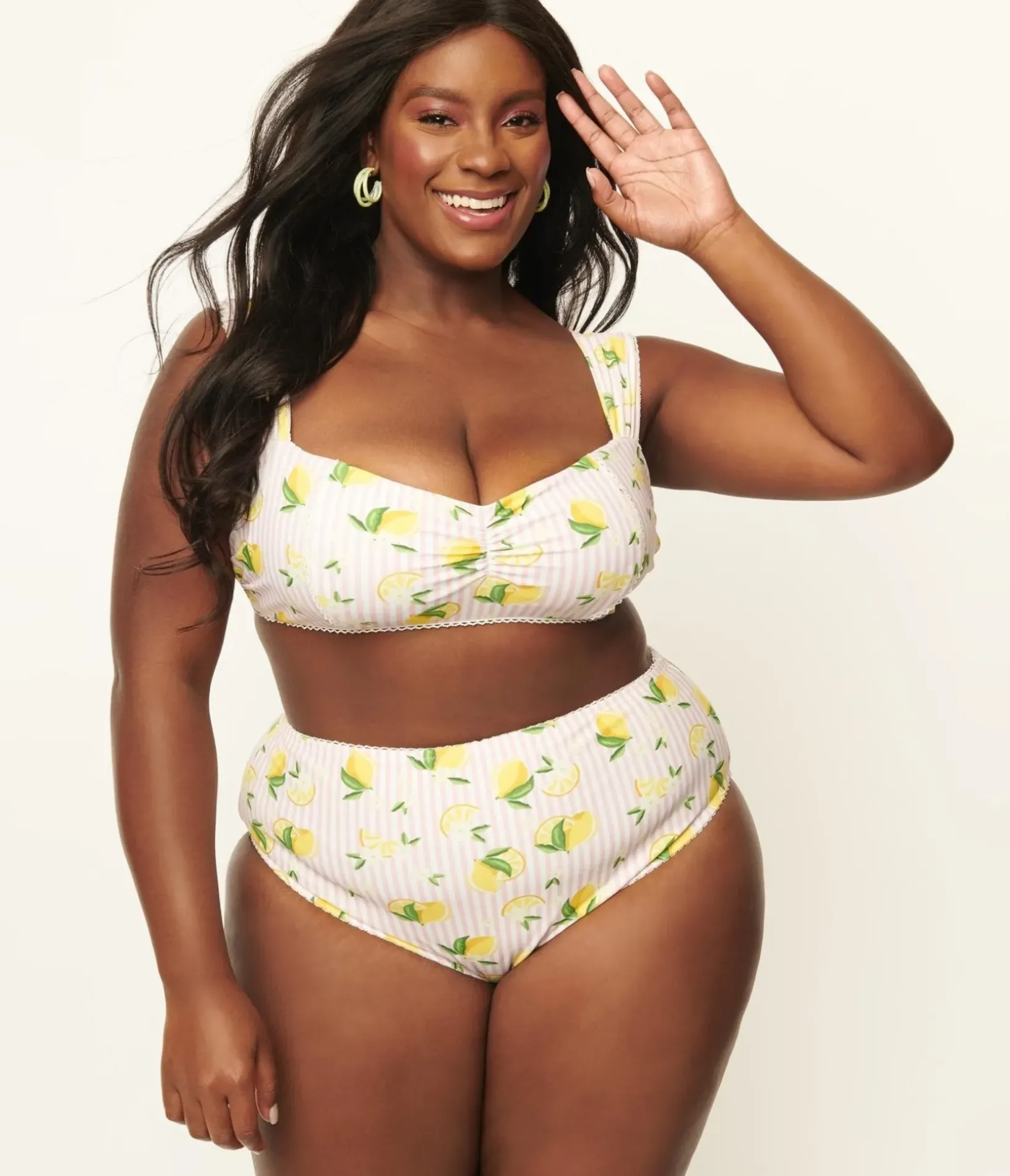 Unique Vintage Two Piece Swim|Swim Tops>Plus Size Light Pink Stripes & Lemons Ruched & Ready Swim Top