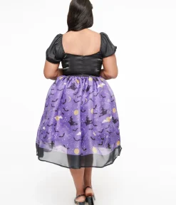 Unique Vintage Swing|Swing>Plus Size Light Up 1950s Black & Purple Witch Swing Dress