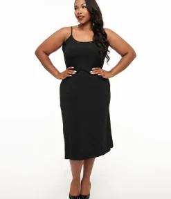 Unique Vintage Special Occasion|All Things Black>Plus Size Midi Length Black Stretch Slip