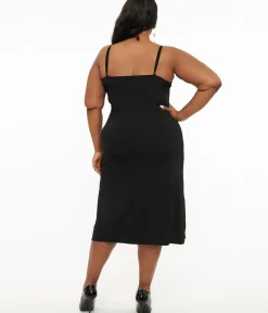 Unique Vintage Special Occasion|All Things Black>Plus Size Midi Length Black Stretch Slip