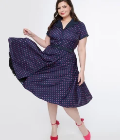 Unique Vintage Swing|Pocket Dresses>Plus Size Navy & Hot Pink Dot Alexis Swing Dress