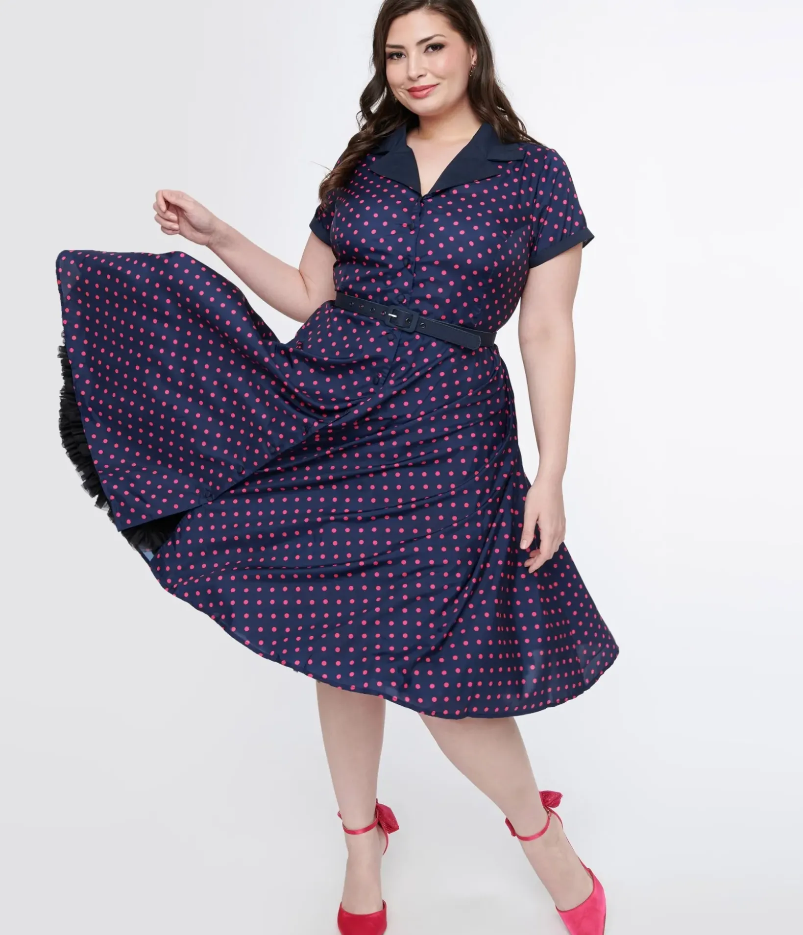 Unique Vintage Swing|Pocket Dresses>Plus Size Navy & Hot Pink Dot Alexis Swing Dress