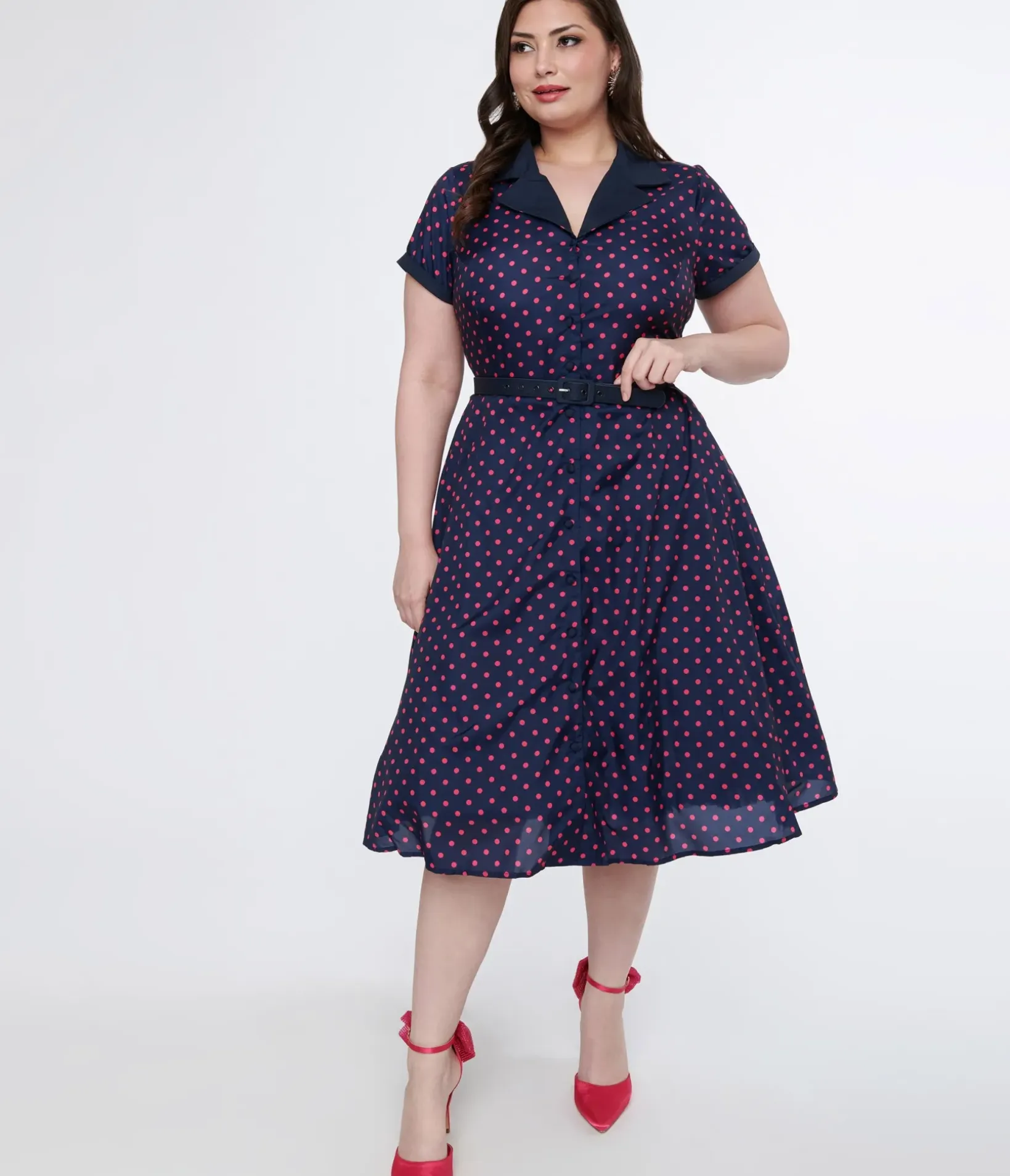 Unique Vintage Swing|Pocket Dresses>Plus Size Navy & Hot Pink Dot Alexis Swing Dress