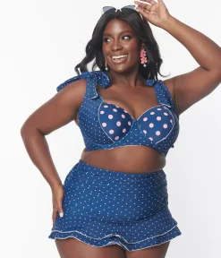 Unique Vintage Two Piece Swim|Swim Tops>Plus Size Navy & Pink Pin Dot Totally Tied Up Swim Top