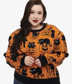 Unique Vintage Sweaters & Cardigans|Sweaters & Cardigans>Plus Size Orange Pumpkin & Black Cat Print Sweater