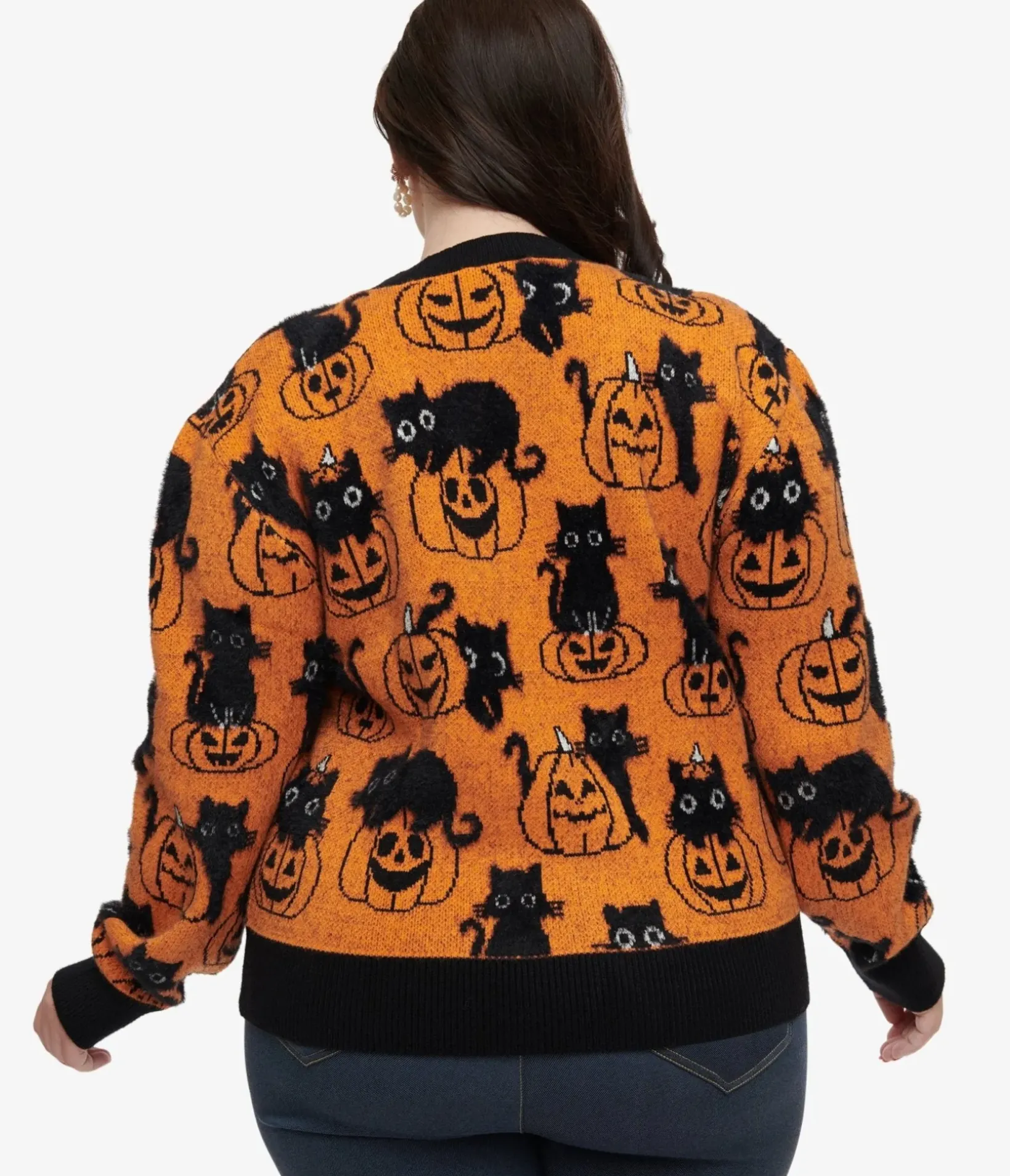 Unique Vintage Sweaters & Cardigans|Sweaters & Cardigans>Plus Size Orange Pumpkin & Black Cat Print Sweater