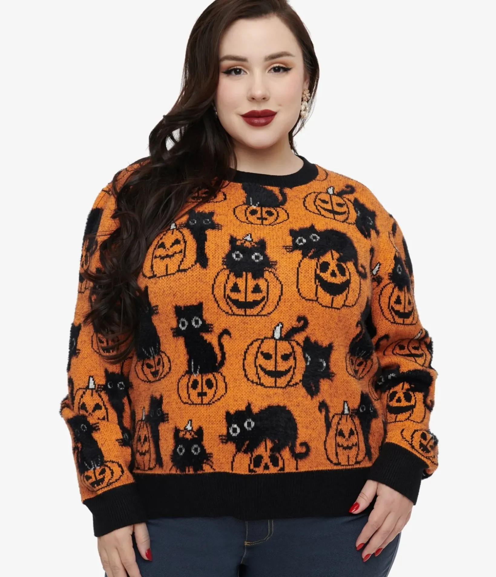 Unique Vintage Sweaters & Cardigans|Sweaters & Cardigans>Plus Size Orange Pumpkin & Black Cat Print Sweater