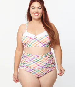 Unique Vintage Two Piece Swim|Swim Tops>Plus Size Pastel Madras Gingham Marlene Crop Swim Top