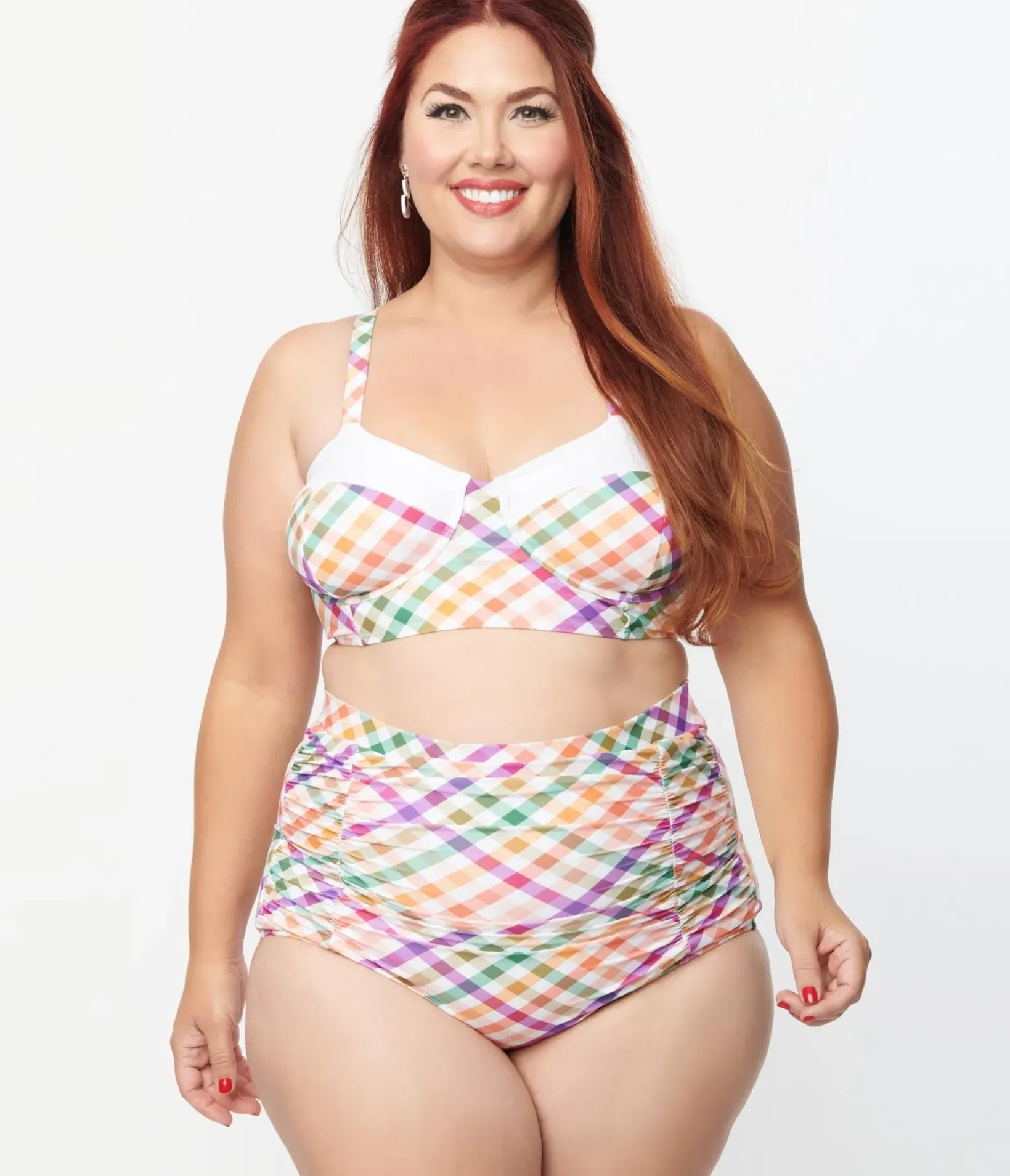 Unique Vintage Two Piece Swim|Swim Tops>Plus Size Pastel Madras Gingham Marlene Crop Swim Top