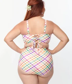 Unique Vintage Two Piece Swim|Swim Tops>Plus Size Pastel Madras Gingham Marlene Crop Swim Top