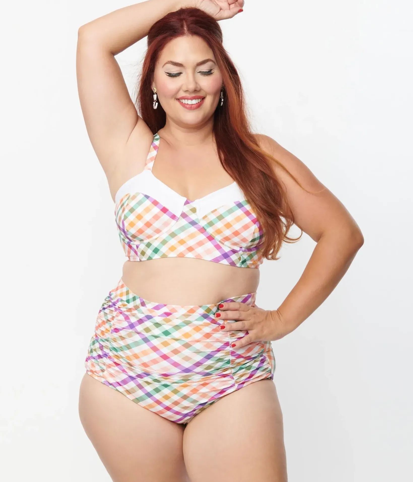 Unique Vintage Two Piece Swim|Swim Tops>Plus Size Pastel Madras Gingham Marlene Crop Swim Top