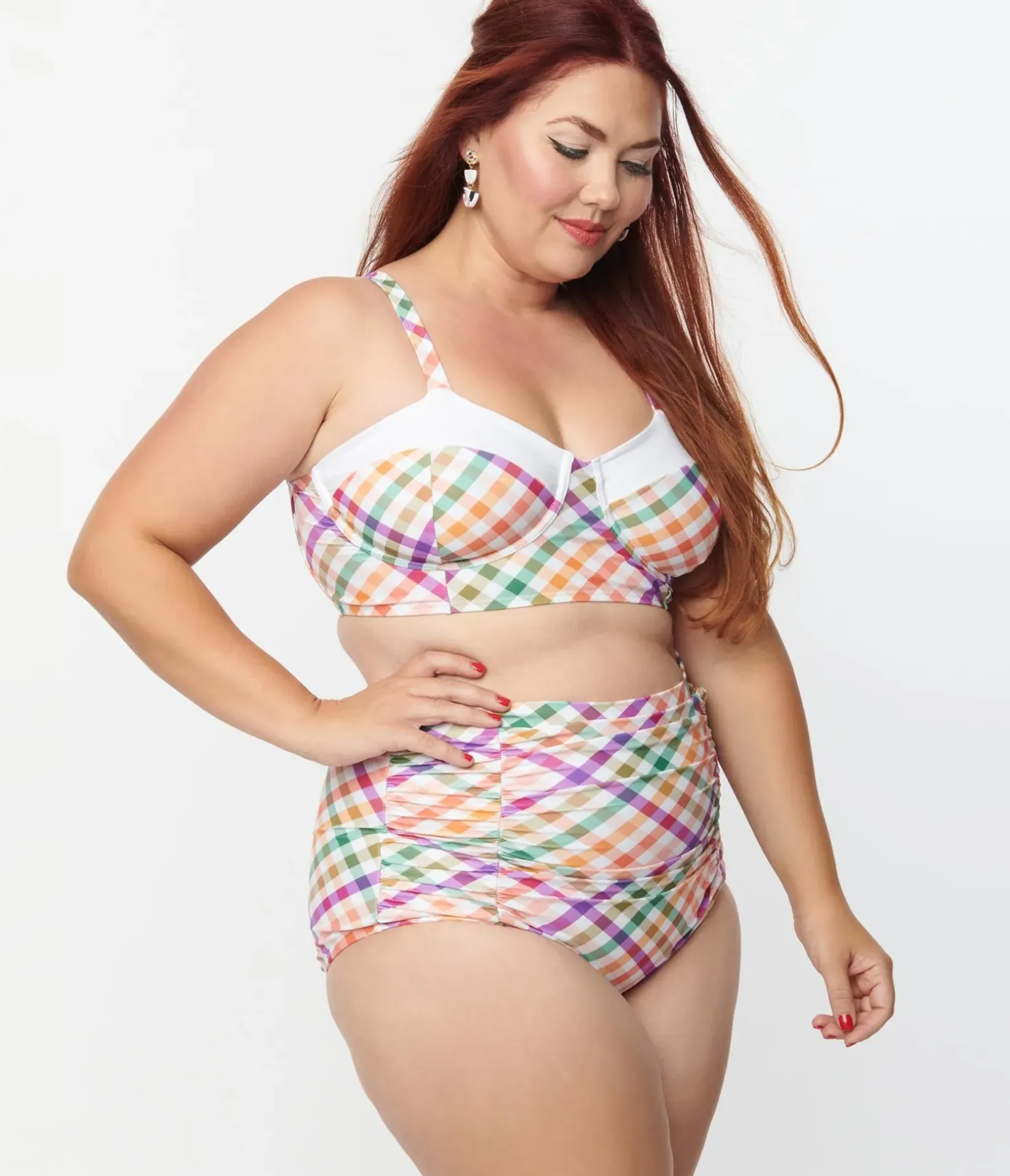 Unique Vintage Two Piece Swim|Swim Tops>Plus Size Pastel Madras Gingham Marlene Crop Swim Top