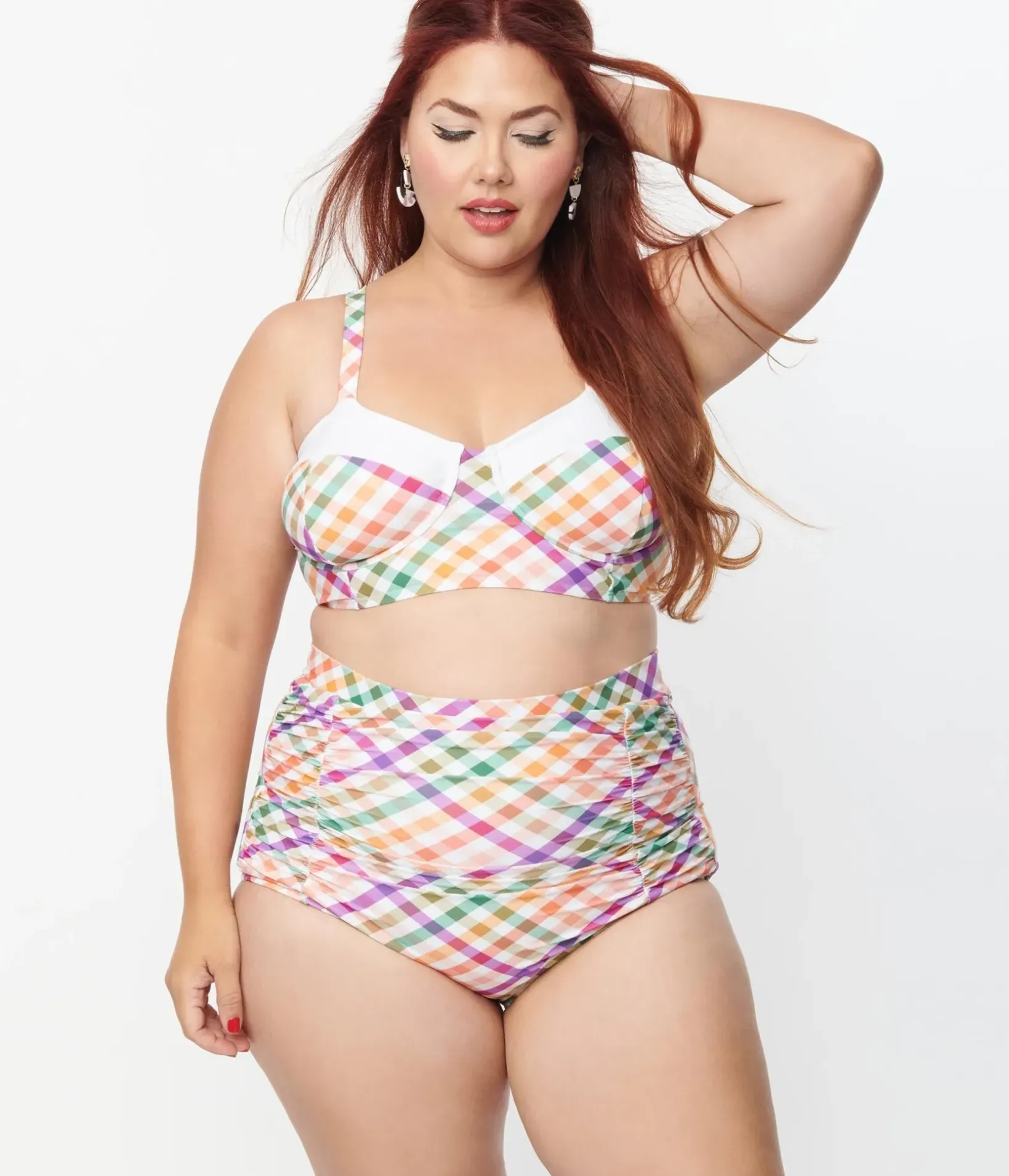 Unique Vintage Two Piece Swim|Swim Tops>Plus Size Pastel Madras Gingham Marlene Crop Swim Top