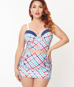 Unique Vintage Two Piece Swim|Swim Bottoms>Plus Size Pastel Madras Plaid Sailor Swim Bottom