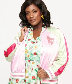 Unique Vintage Jackets|Coats & Jackets>Plus Size Pink & Green Bite Me Satin Bomber Jacket