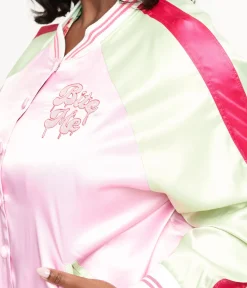 Unique Vintage Jackets|Coats & Jackets>Plus Size Pink & Green Bite Me Satin Bomber Jacket