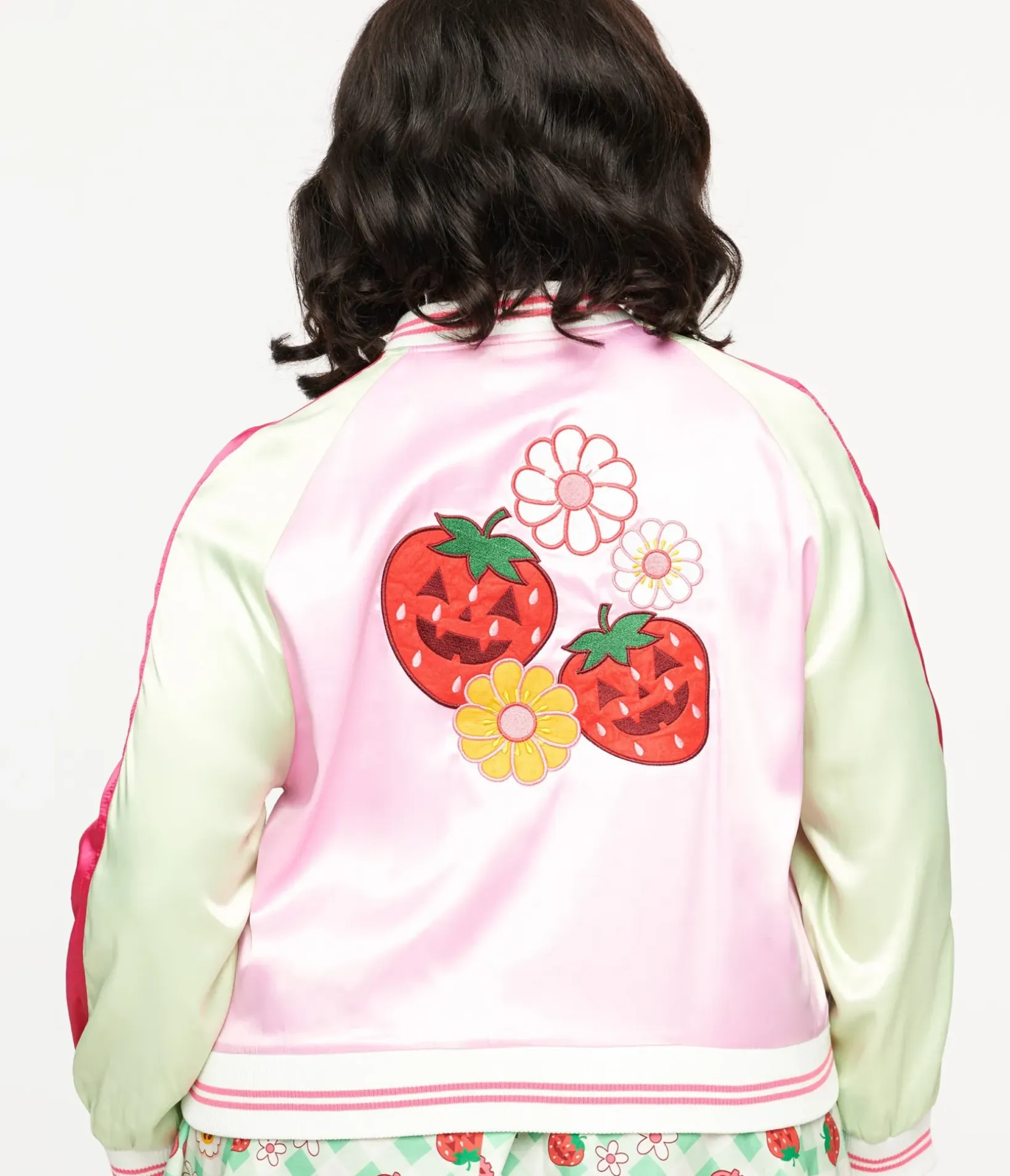 Unique Vintage Jackets|Coats & Jackets>Plus Size Pink & Green Bite Me Satin Bomber Jacket