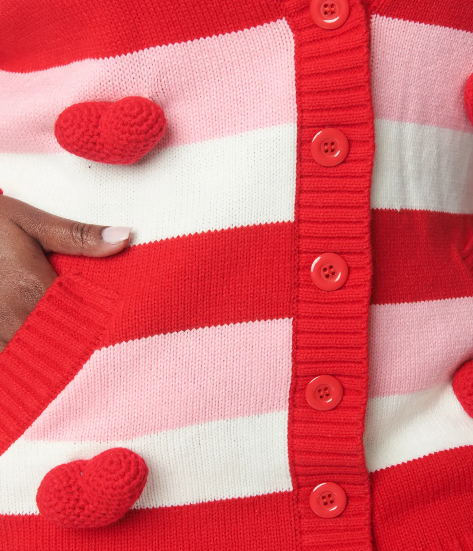 Unique Vintage Sweaters & Cardigans|Sweaters & Cardigans>Plus Size Pink & Red Striped Crochet Hearts Cardigan