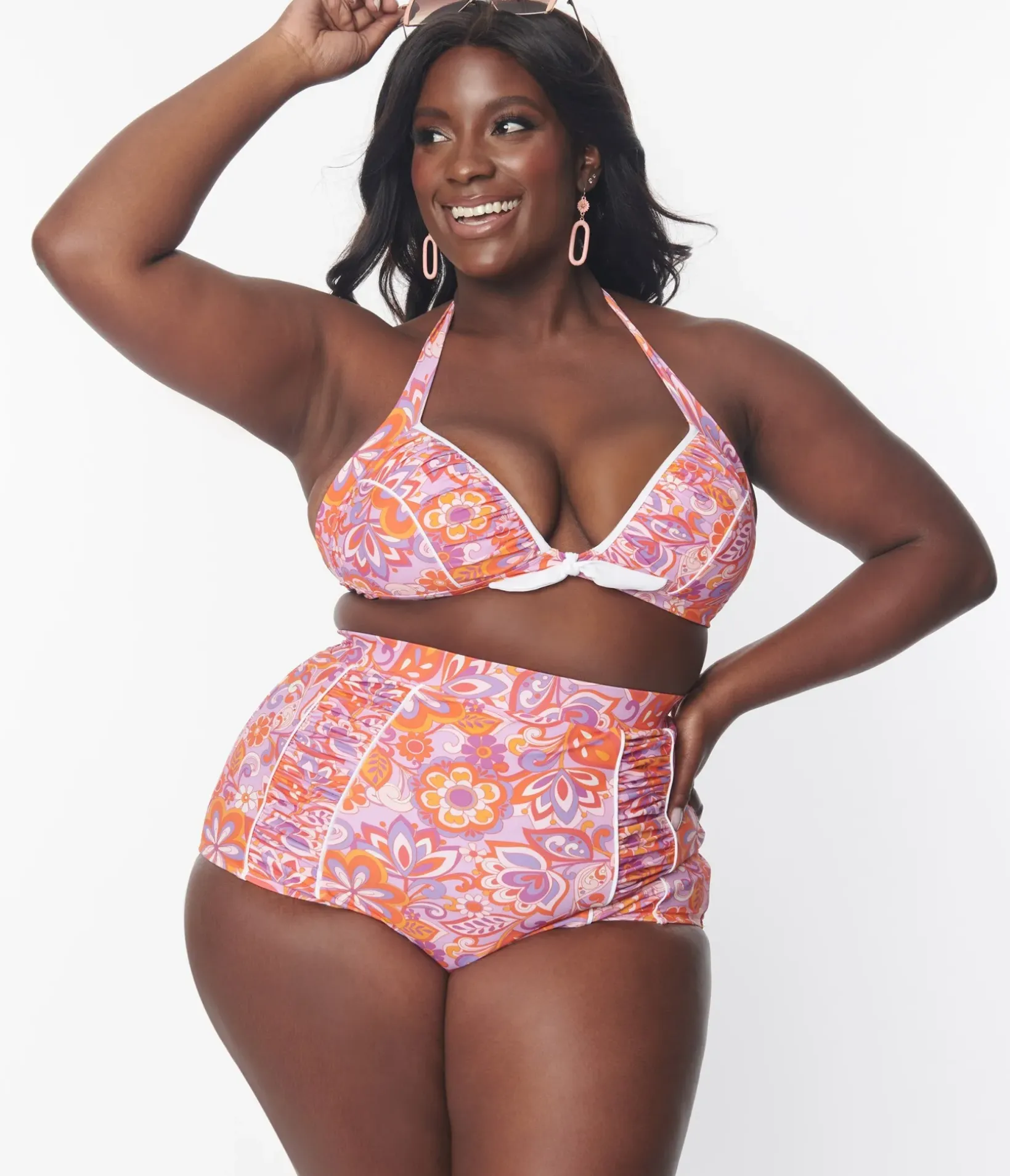 Unique Vintage Two Piece Swim|Swim Tops>Plus Size Purple & Orange Bohemian Floral Print Halter Swim Top