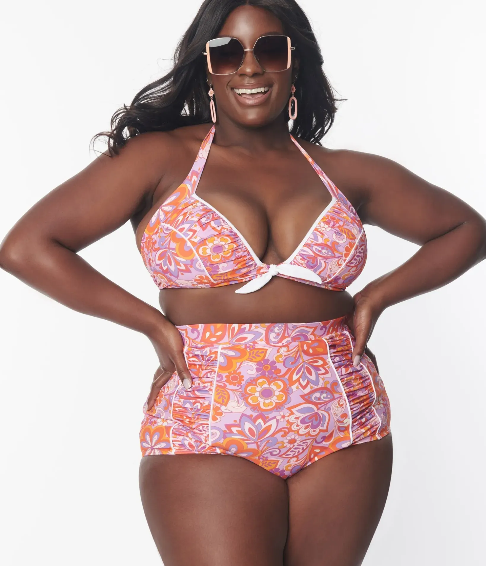 Unique Vintage Two Piece Swim|Swim Tops>Plus Size Purple & Orange Bohemian Floral Print Halter Swim Top