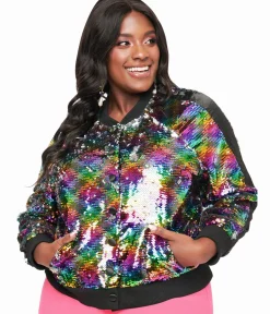 Unique Vintage Jackets|Coats & Jackets>Plus Size Rainbow Sequin Satin Bomber Jacket