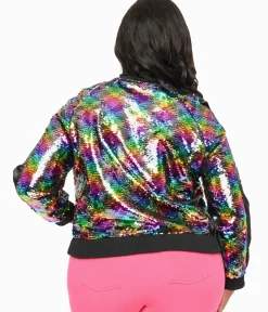 Unique Vintage Jackets|Coats & Jackets>Plus Size Rainbow Sequin Satin Bomber Jacket