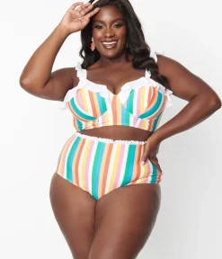 Unique Vintage Swim Bottoms|Plus Size Swim>Plus Size Rainbow Striped Cape May Swim Bottoms