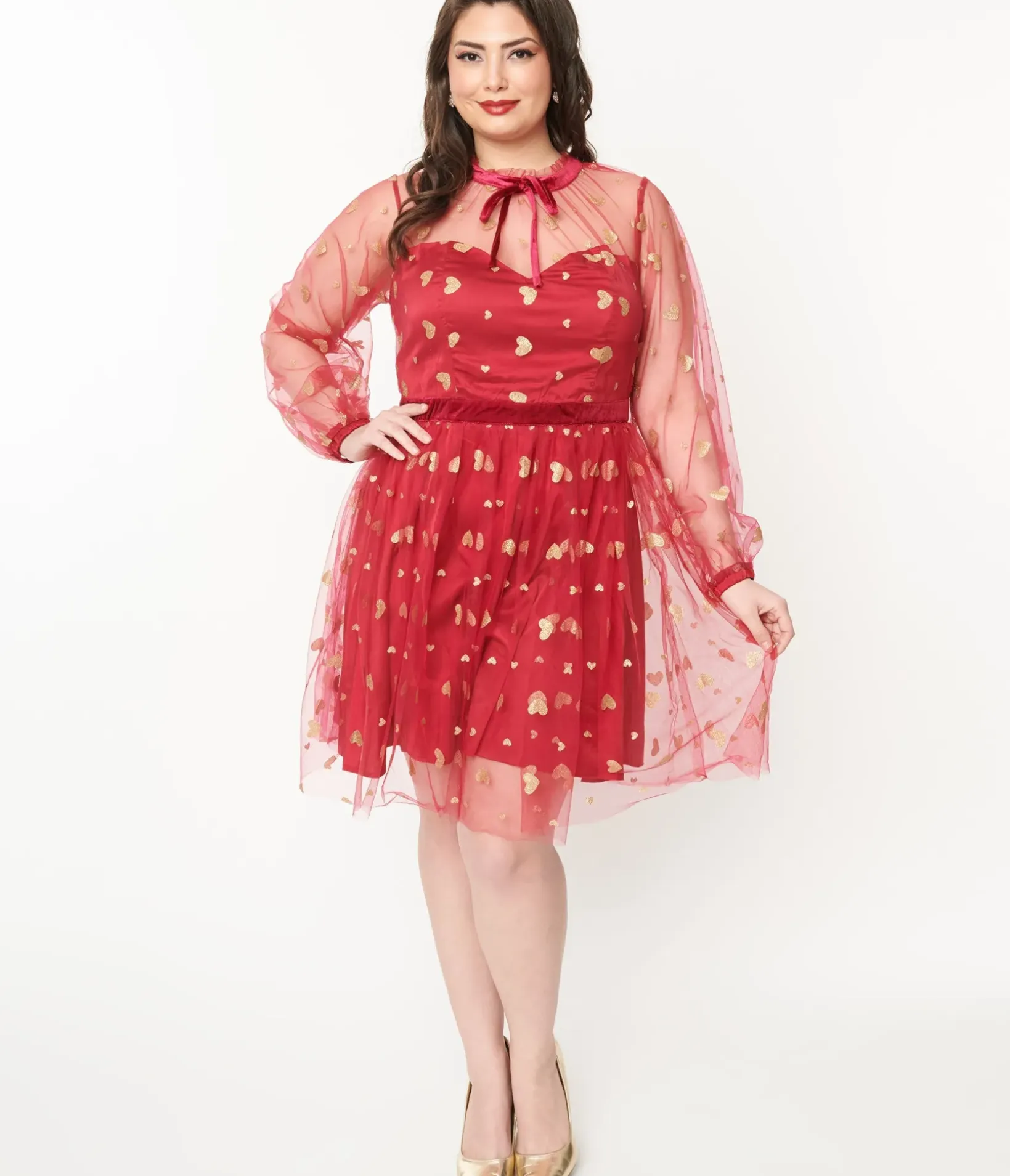 Unique Vintage Fit & Flare|Fit & Flare>Plus Size Red & Gold Glitter Heart Flare Dress