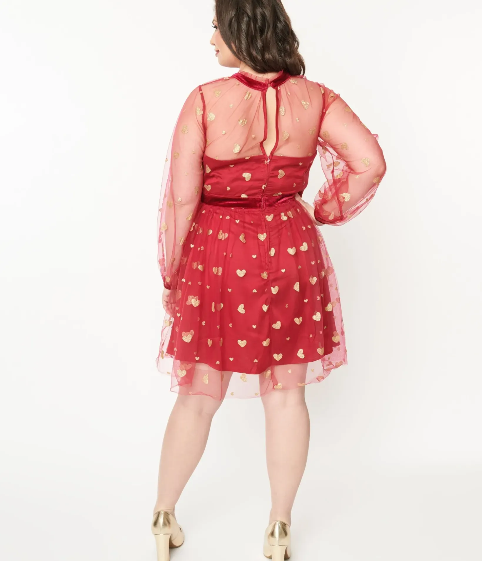Unique Vintage Fit & Flare|Fit & Flare>Plus Size Red & Gold Glitter Heart Flare Dress