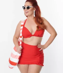 Unique Vintage Two Piece Swim|Swim Tops>Plus Size Red Monroe Halter Swim Top