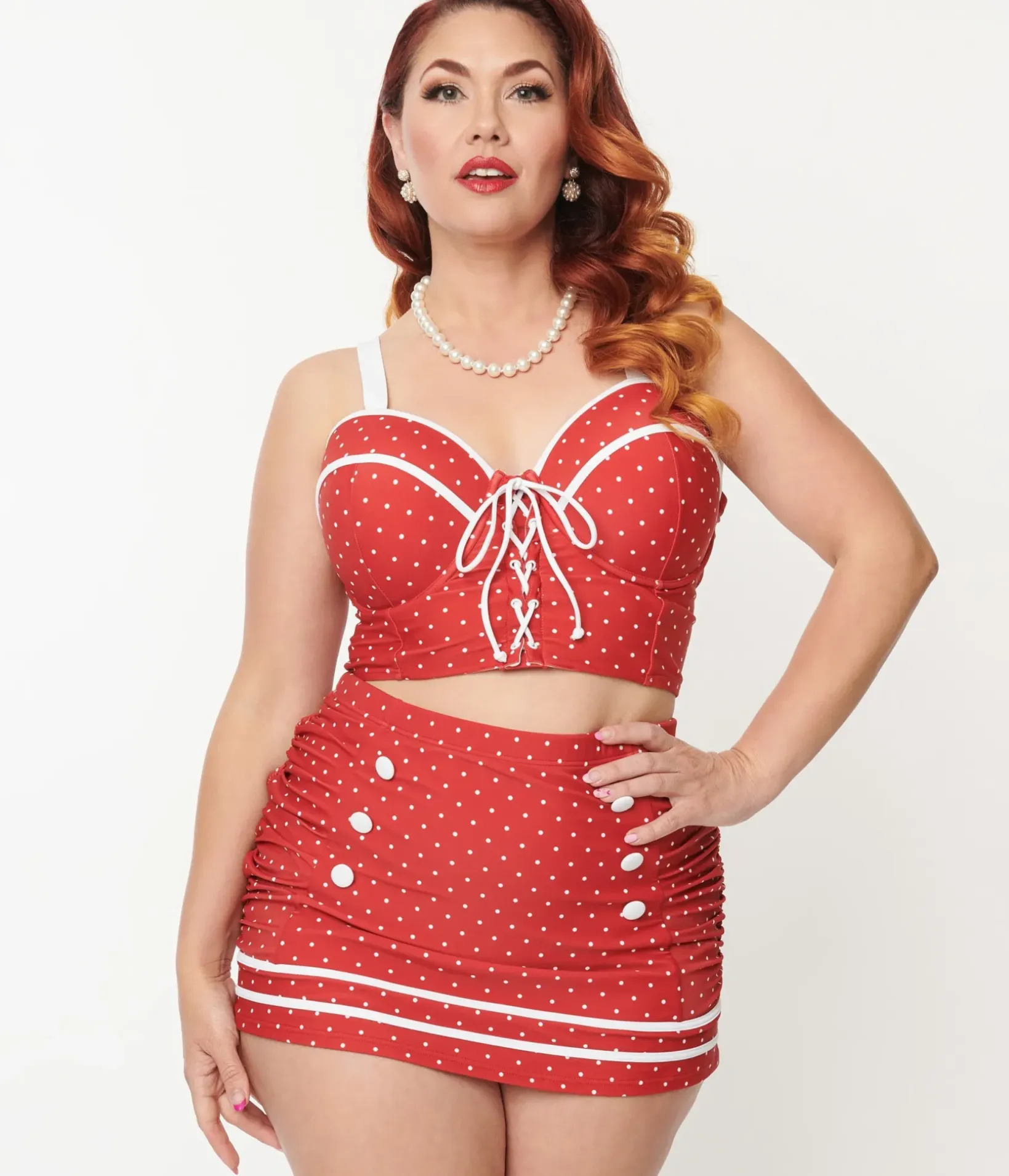 Unique Vintage Two Piece Swim|Swim Tops>Plus Size Red Pin Dot Lace Up Swim Top
