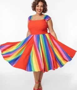 Unique Vintage Swing|Swing>Plus Size Red & Rainbow Stripe Swing Dress