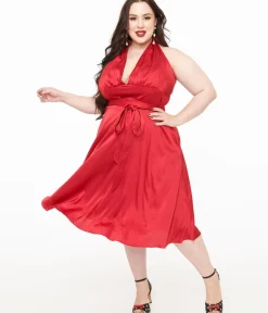 Unique Vintage Swing|Pocket Dresses>Plus Size Red Satin Halter Swing Dress