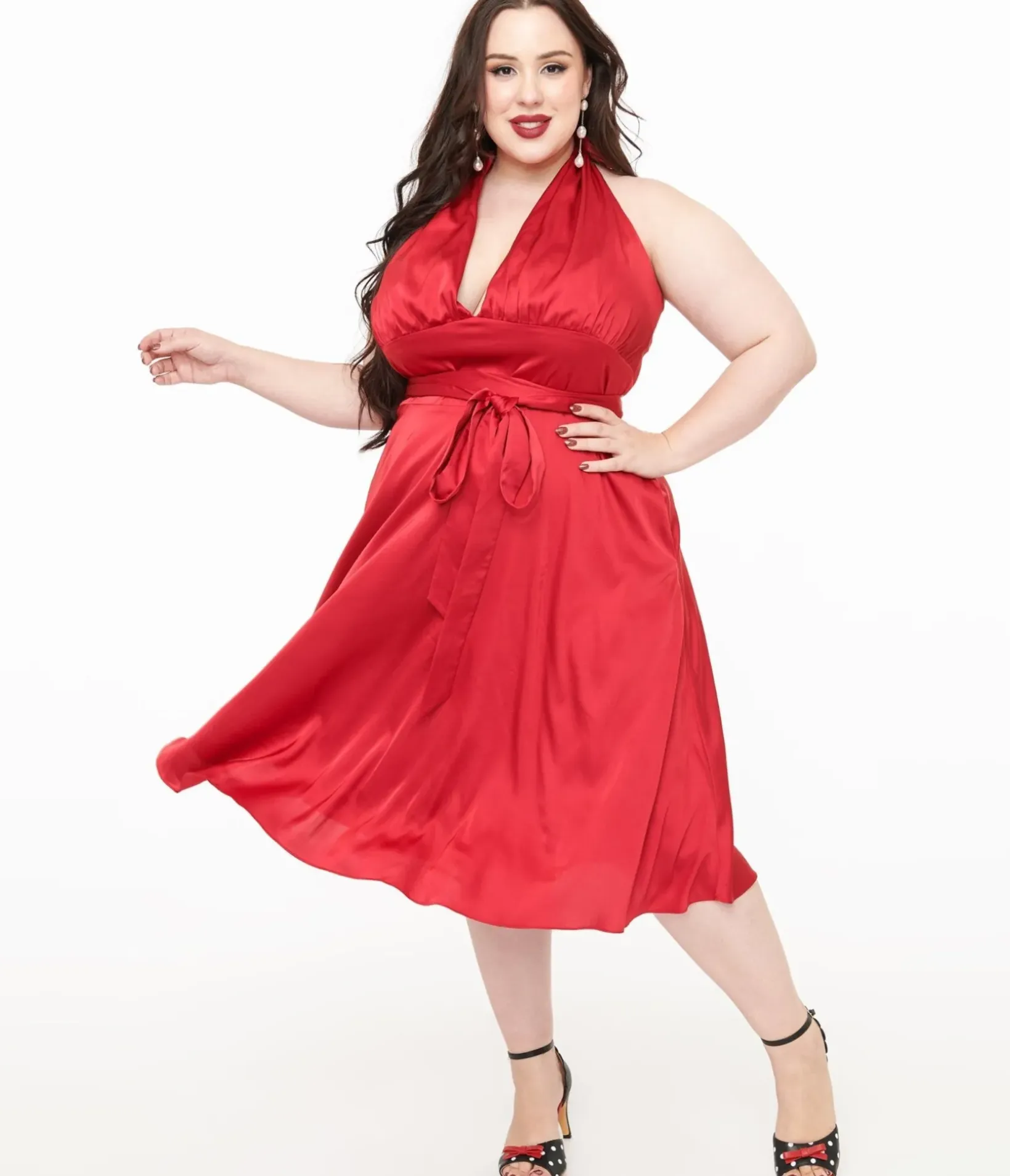 Unique Vintage Swing|Pocket Dresses>Plus Size Red Satin Halter Swing Dress