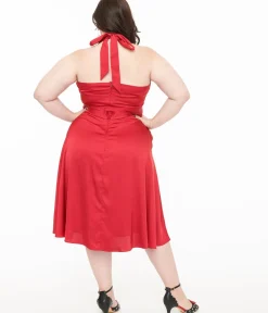 Unique Vintage Swing|Pocket Dresses>Plus Size Red Satin Halter Swing Dress