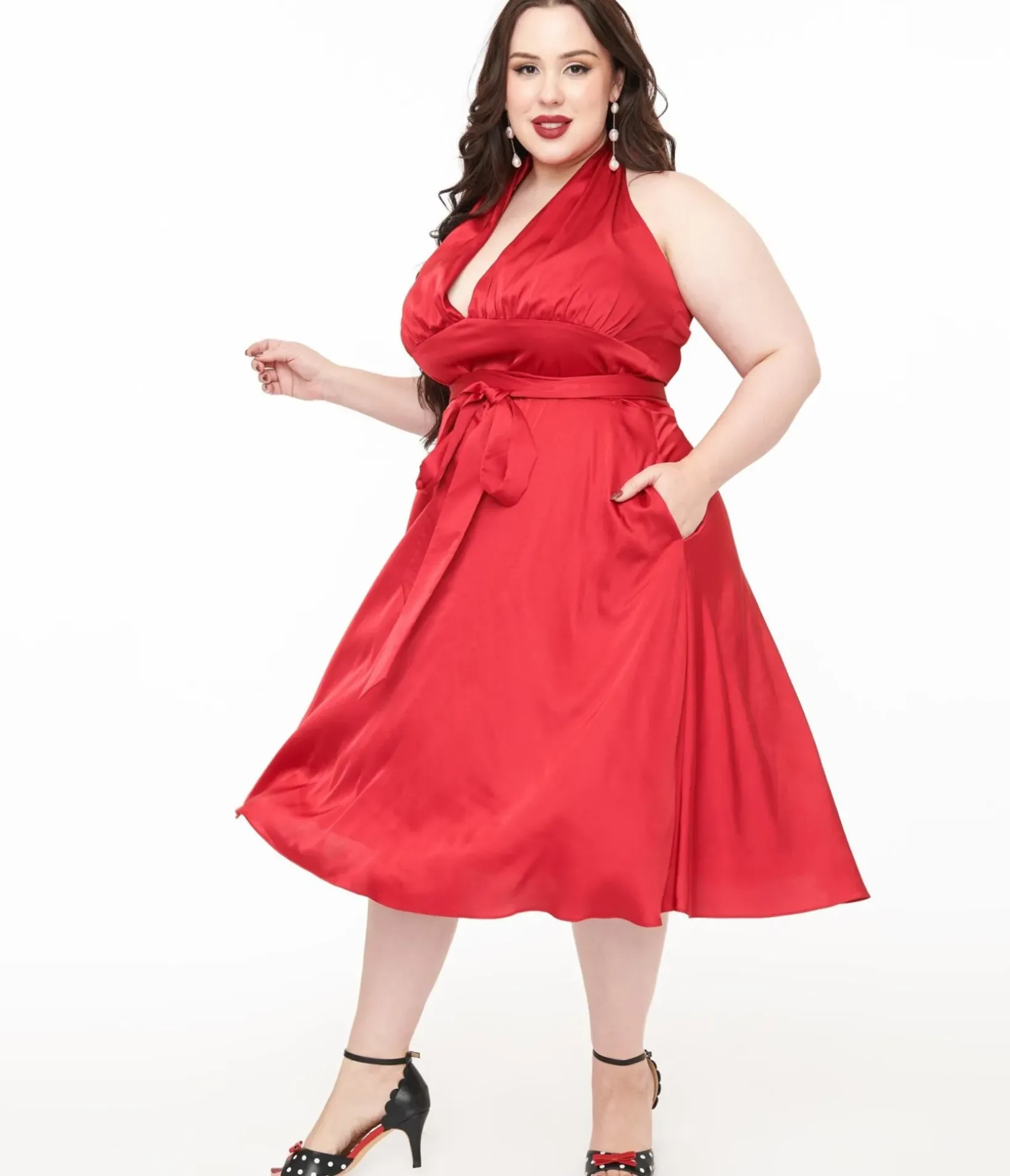 Unique Vintage Swing|Pocket Dresses>Plus Size Red Satin Halter Swing Dress