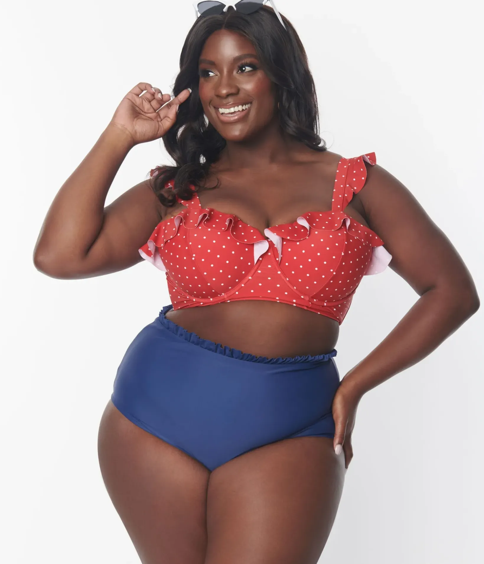 Unique Vintage Two Piece Swim|Swim Tops>Plus Size Red & White Pin Dot Southampton Swim Top