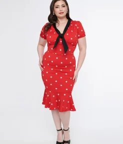 Unique Vintage Pencil|Pencil>Plus Size Red & White Polka Dot Neck Tie Wiggle Dress