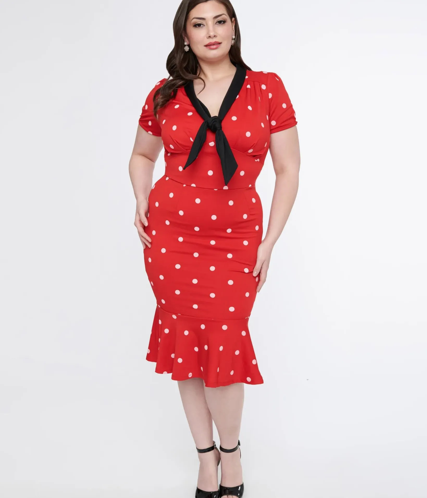 Unique Vintage Pencil|Pencil>Plus Size Red & White Polka Dot Neck Tie Wiggle Dress