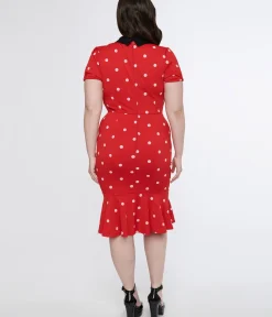 Unique Vintage Pencil|Pencil>Plus Size Red & White Polka Dot Neck Tie Wiggle Dress