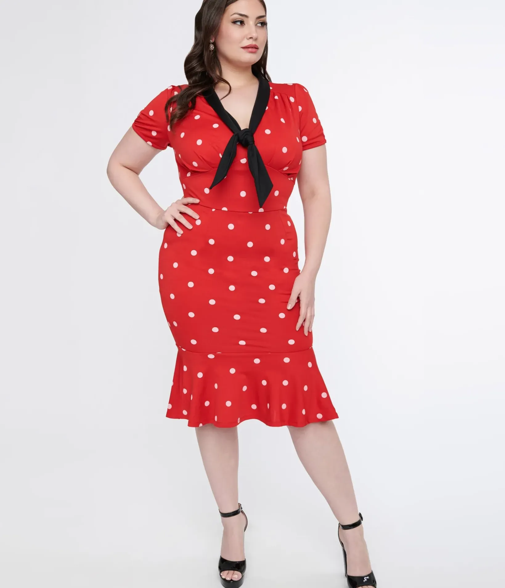 Unique Vintage Pencil|Pencil>Plus Size Red & White Polka Dot Neck Tie Wiggle Dress