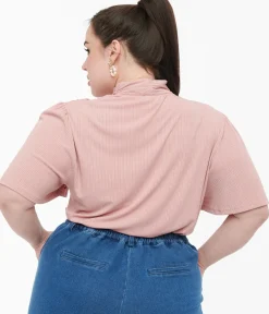 Unique Vintage Work Wear|All Things Pink>Plus Size Rose Pink Pointelle Flutter Sleeve Bodysuit
