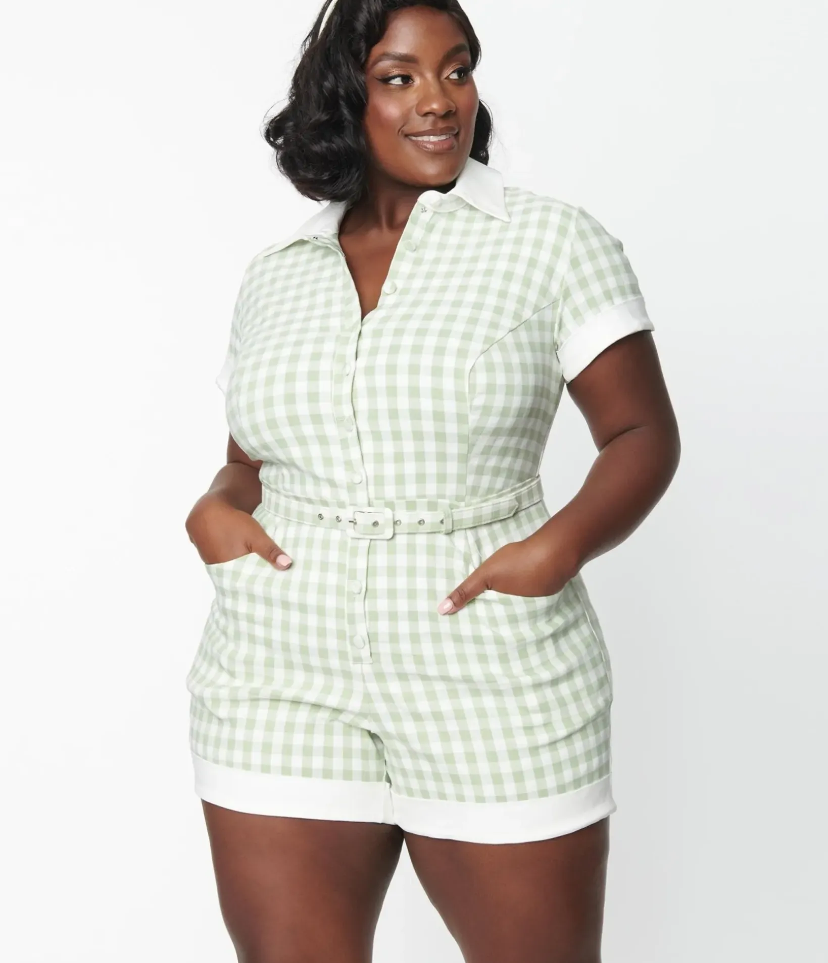 Unique Vintage Rompers & Jumpsuits|Rompers & Jumpsuits>Plus Size Sage & White Gingham Patsy Romper