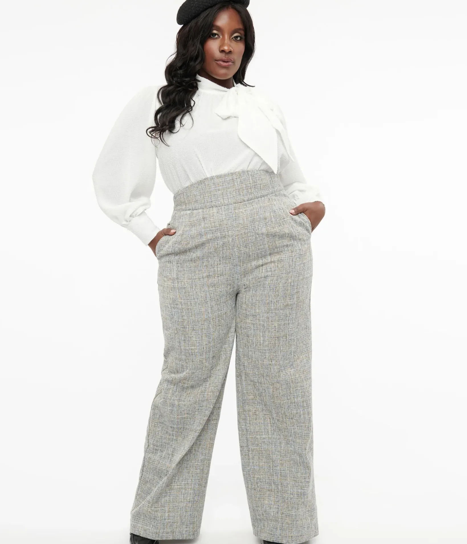 Unique Vintage Pants|Work Wear>Plus Size 1940s Beige & Baby Blue Tweed High Waist Pants