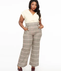 Unique Vintage Pants|Pants>Plus Size 1940s Beige Plaid High Waist Sailor Ginger Pants