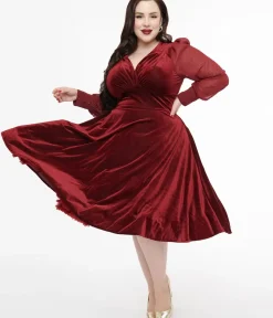 Unique Vintage Swing|Swing>Plus Size 1950s Berry Velvet Sheer Sleeve Delores Swing Dress