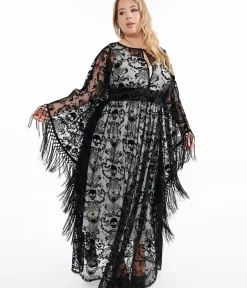 Unique Vintage Caftans|Caftans>Plus Size 1960s Black Baroque Skull Burnout Fringe Flutter Sleeve Caftan