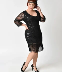 Unique Vintage Everyday Dresses|Special Occasion>Plus Size 1920s Black Beaded & Sequin Margaux Sleeved Fringe Flapper Dress